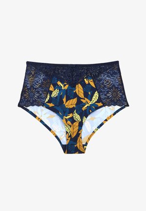 Culottes taille haute avec un motif floral en bleu, jaune et blanc. Ceinture en dentelle bleu marine avec des motifs floraux délicats. Tissu doux.