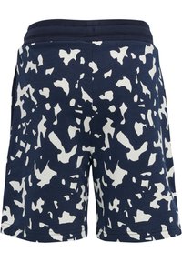 Marineblaue Shorts mit einem weißen abstrakten Muster, aus weichem Stoff gefertigt. Mit elastischem Bund und Seitentaschen.