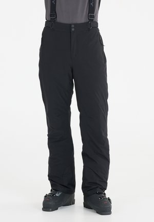 Schwarze Skihose mit verstellbaren Trägern, zwei Reißverschlusstaschen und einer taillierten Passform. Hergestellt aus einem strapazierfähigen, wetterfesten Material.