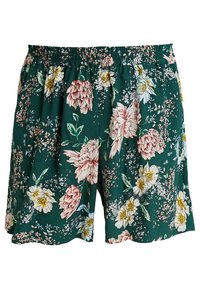 Blommönstrade shorts med elastiskt midjeband, med en grön bakgrund och olika blomster mönster i rosa och vita nyanser.