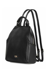Czarny skórzany plecak z podwójnymi górnymi uchwytami, regulowanymi paskami na ramiona, boczną kieszenią i złotym suwakiem.