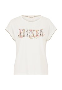 T-shirt blanc à manches courtes avec un col rond arborant "FIESTA" en broderie florale colorée et des bords de manches festonnés.