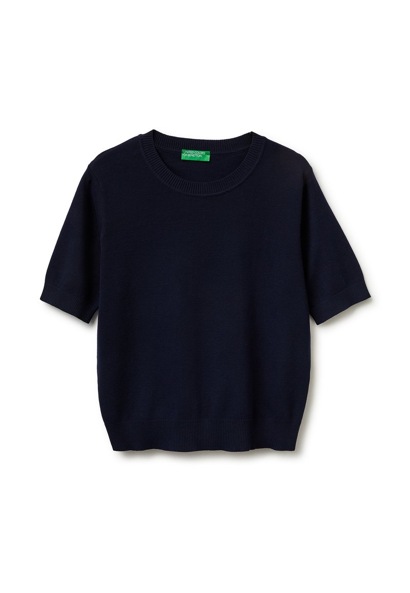 Pull en maille bleu marine à manches courtes avec col rond et poignets côtelés de United Colors of Benetton.