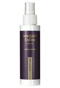 Bouteille violette d'huile pour les pieds avec un vaporisateur blanc, présentant un texte doré et un motif en relief décoratif. L'étiquette indique "Pieds Fabuleux".