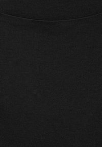 Close-up of black ribbed fabric texture with a curved seam near the top, showing knit pattern and stitching details.