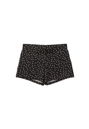 Black high-waist shorts with white polka dots, flat front, and a fitted silhouette, shown against a white background.