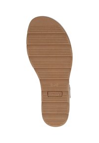 Sole di scarpa in gomma marrone chiaro, caratterizzata da scanalature orizzontali e verticali per una migliore aderenza, con un piccolo logo e indicazione della taglia.