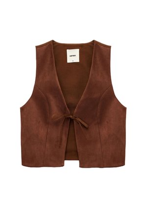 Braune, ärmellose Weste aus glattem Wildleder. Verfügt über einen vorderen Bindeschluss und ein einfaches, offenes Design mit abgerundeten Armausschnitten.