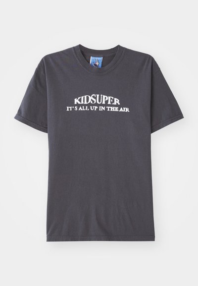 Black cotton t-shirt featuring the text "KIDSUPER IT’S ALL UP IN THE AIR" in white, with a crew neck and short sleeves.