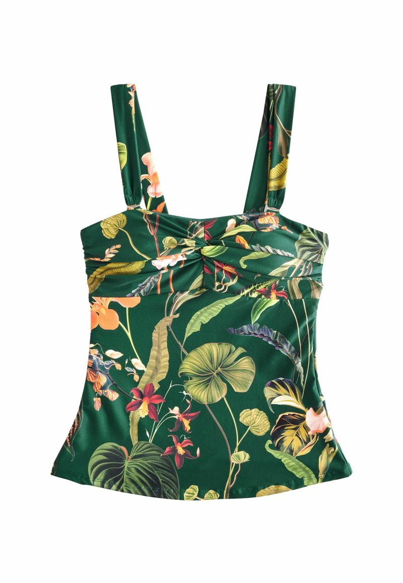 Top floreale verde con spalline larghe, caratterizzato da un dettaglio annodato anteriore e da un vivace motivo di foglie e fiori tropicali.