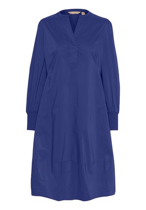 Mörkblå, långärmad klänning med V-ringning och en knappdetalj. Tillverkad av ett mjukt material, med rynkade manschetter och en avslappnad passform.