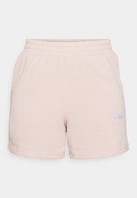 Pale pink cotton shorts with an elastic waistband, side pockets, and a small Puma logo in light blue on the lower left side.