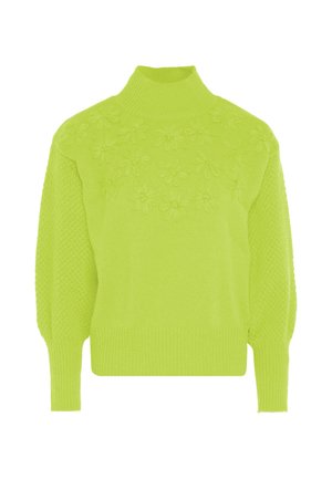 Lyse gul-grøn strikket sweater med høj hals, ballonærmer og teksturerede blomstermønstre på brystet.