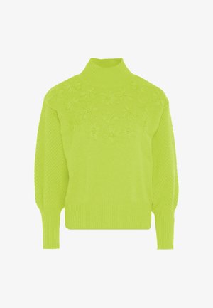 Lyse gul-grøn strikket sweater med høj hals, ballonærmer og teksturerede blomstermønstre på brystet.