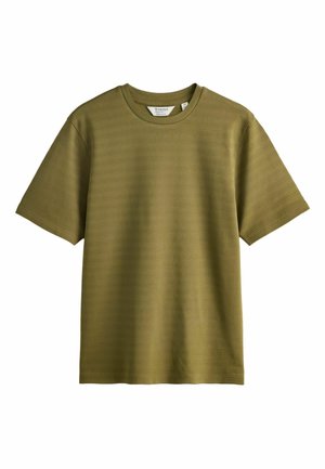 Olivgrünes, kurzärmeliges, geripptes T-Shirt mit rundem Halsausschnitt und mittlerer Passform, auf weißem Hintergrund dargestellt.