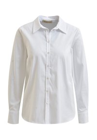 White button-up shirt with long sleeves, classic collar, and smooth, slightly textured fabric. Features clear buttons and a tailored fit.