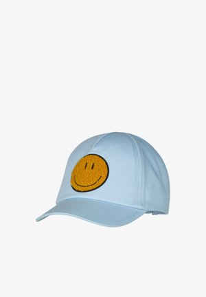 Light blue baseball cap with a textured orange smiley face patch on the front panel, curved brim, and stitched seams.