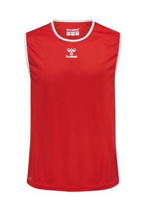 Rødt ærmeløst sportsjersey med hvide kanter og hvidt Hummel-logo placeret centreret under halsudskæringen foran.