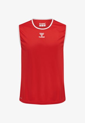 Rødt ærmeløst sportsjersey med hvide kanter og hvidt Hummel-logo placeret centreret under halsudskæringen foran.