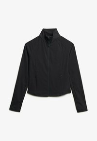 Veste noire cropped en tissu léger avec un col montant, fermeture éclair et poches latérales ; présente des coutures courbées et une texture lisse.