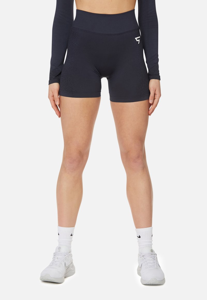 High-waisted black athletic shorts made from stretchy fabric, featuring a subtle texture and logo detail on the side.