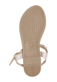 Sål af beige sandal med tekstureret greb, spænde rem og størrelse 37 markeret på undersiden, vist mod hvid baggrund.