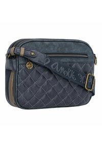 Dunkelblaue, gesteppte Handtasche mit einer glatten Lederoberfläche, ausgestattet mit einem Reißverschluss, verstellbarem Tragegurt und goldfarbenen Akzenten.