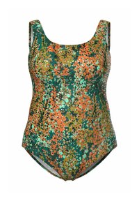 Maillot de bain une pièce avec larges bretelles, présentant un motif floral dense dans des tons verts, orange, jaune et bleu clair.
