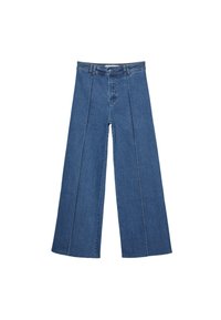 Široke jeans hlače iz denima v temno modri barvi, z detajlom sprednjega šiva, gumbnim zapiranjem in klasičnim pet-pocket dizajnom.
