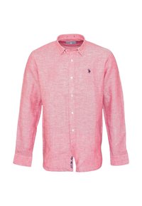 Light pink linen shirt with long sleeves, button-down collar, and navy logo on the chest. Features a textured, breathable fabric.