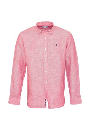 Camicia di lino rosa chiaro con maniche lunghe, colletto button-down e logo blu navy sul petto. Presenta un tessuto testurizzato e traspirante.