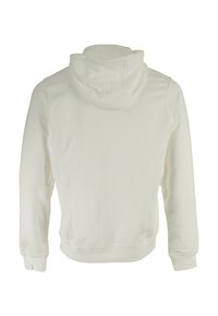 Felpa bianca con cappuccio caratterizzata da una texture morbida, con maniche lunghe e un colletto alto. La vista posteriore mostra un design semplice e pulito.