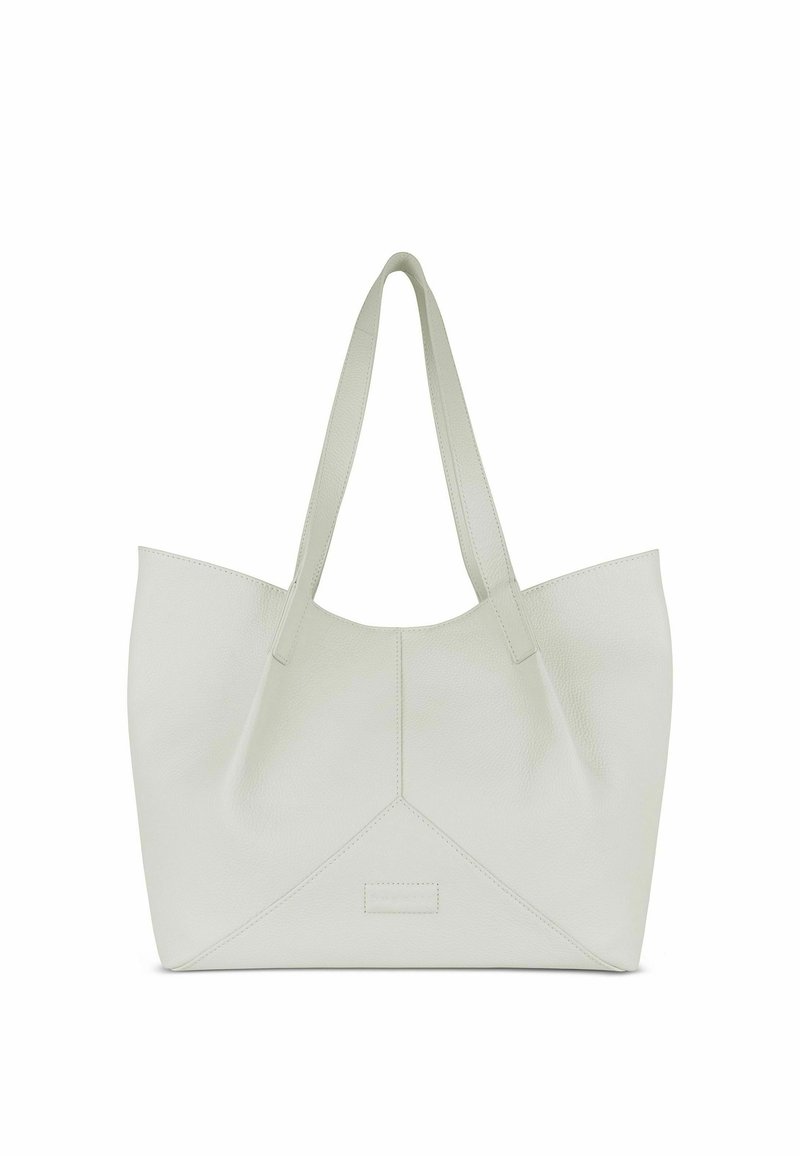 Grande borsa a spalla crema realizzata in pelle texturizzata, con due manici allungati e un dettaglio a cucitura triangolare alla base.