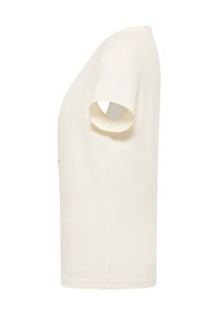 Cremefarbenes T-Shirt mit kurzen Ärmeln aus weicher Baumwolle. Verfügt über einen runden Ausschnitt, geraden Schnitt und dezente Nähdetails.