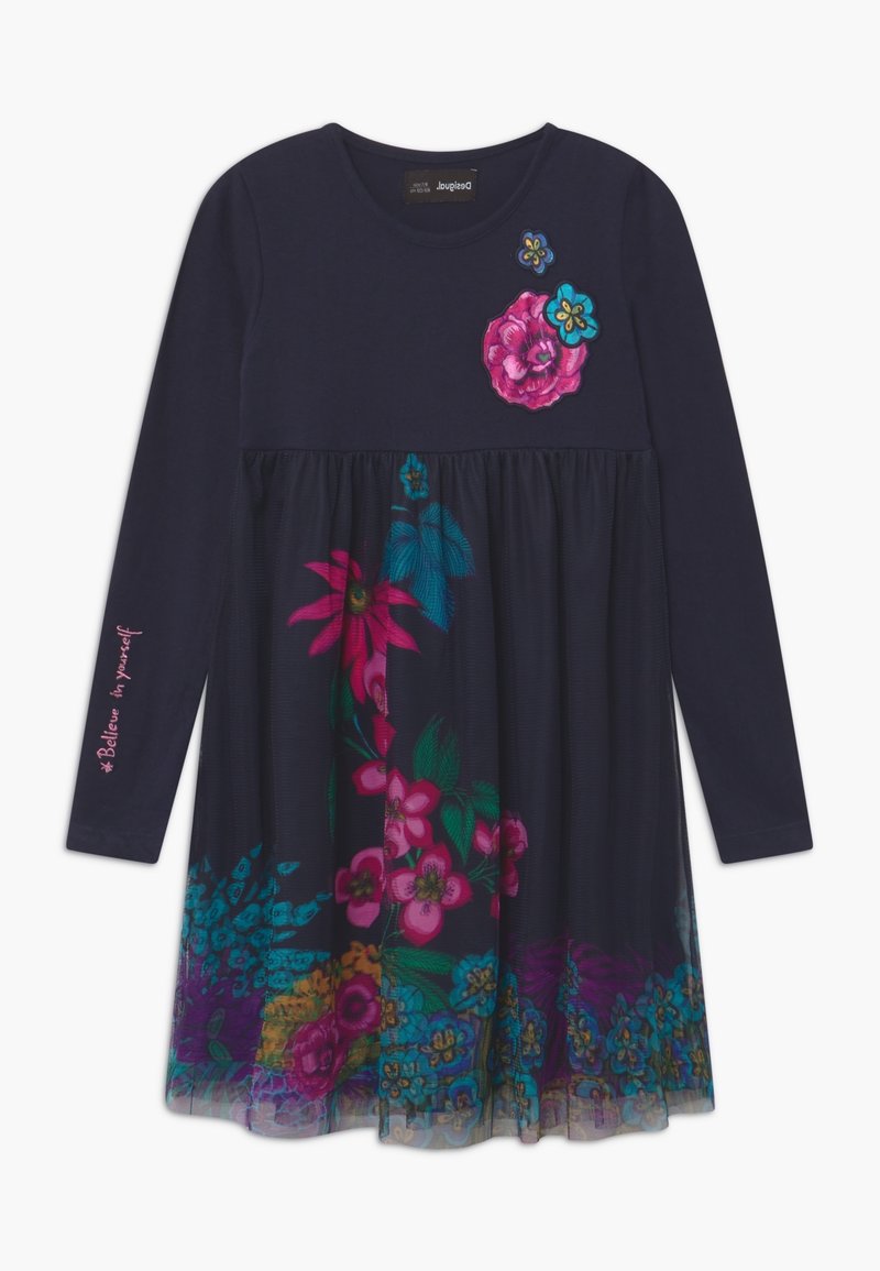 Robe bleu marine à manches longues avec des motifs floraux sur la jupe, la poitrine et la manche, brodée du texte « Crois en toi » en rose.