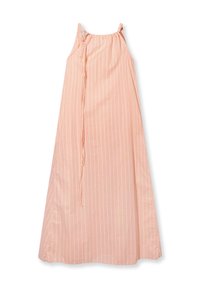 Abito maxi senza maniche di un leggero rosa chiaro con sottili righe bianche verticali e lacci regolabili al collo.