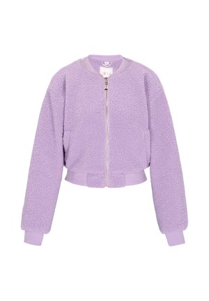 Liila fleece bomber-takki, jossa on vetoketjusulku, ribattu hihansuu ja lyhyt malli. Pehmeä rakenne ja ylisuurikokoinen istuvuus, jossa on sivutaskut.