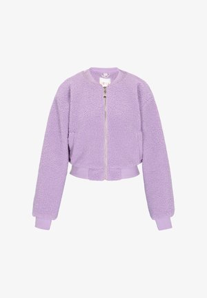 Lilla fleece bomberjakke med lynlås, ribstrikkede manchetter og et cropped design. Blødt materiale og oversized pasform med sidelommer.