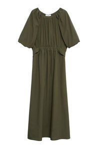 Olivengrünes, fließendes Kleid aus leichtem Stoff, mit kurzen Puffärmeln, einer gerafften Taille und einer lockeren Silhouette.