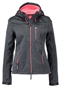 Veste à capuche pour femme gris foncé avec doublure intérieure rose, fermetures éclair roses sur le devant et les poches, cordons de capuche ajustables et tirettes de fermeture éclair de marque.