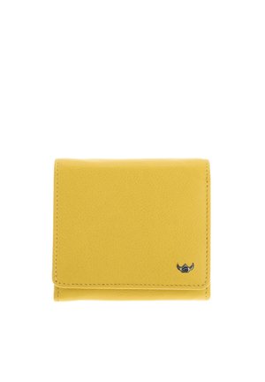 Portefeuille en cuir jaune avec couture visible et petit emblème de taureau argenté dans le coin inférieur droit, fermé et centré sur fond blanc.