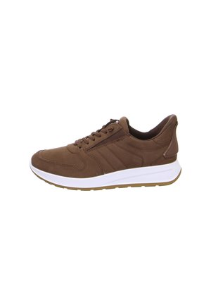 Brown lace-up casual sneaker with side zipper, padded collar, and white sole on a white background.