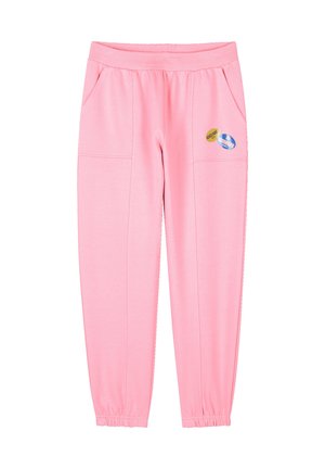Pink sweatpants made of soft fabric, featuring two side pockets and elastic cuffs. Includes three colorful patches on the front.