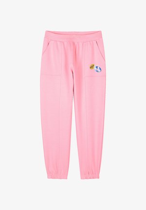 Roze sweatpants gemaakt van zacht materiaal, met twee zijzakken en elastische boorden. Bevat drie kleurrijke patches op de voorkant.