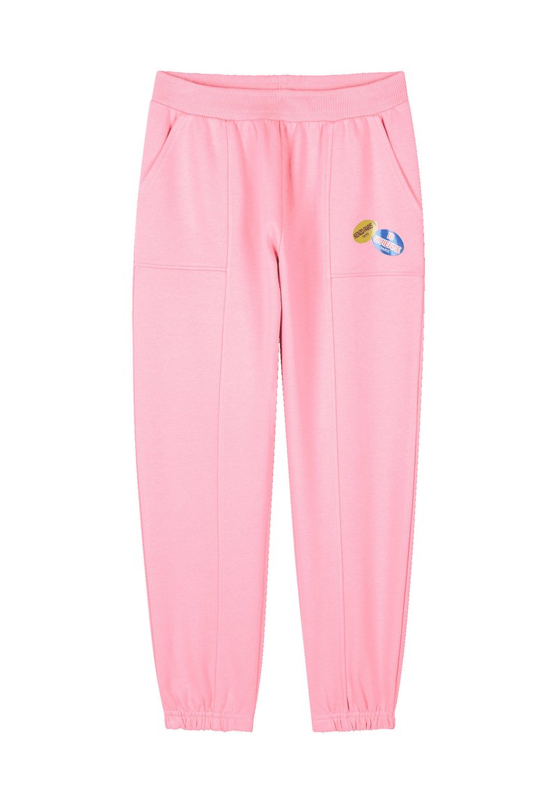Roze sweatpants gemaakt van zacht materiaal, met twee zijzakken en elastische boorden. Bevat drie kleurrijke patches op de voorkant.
