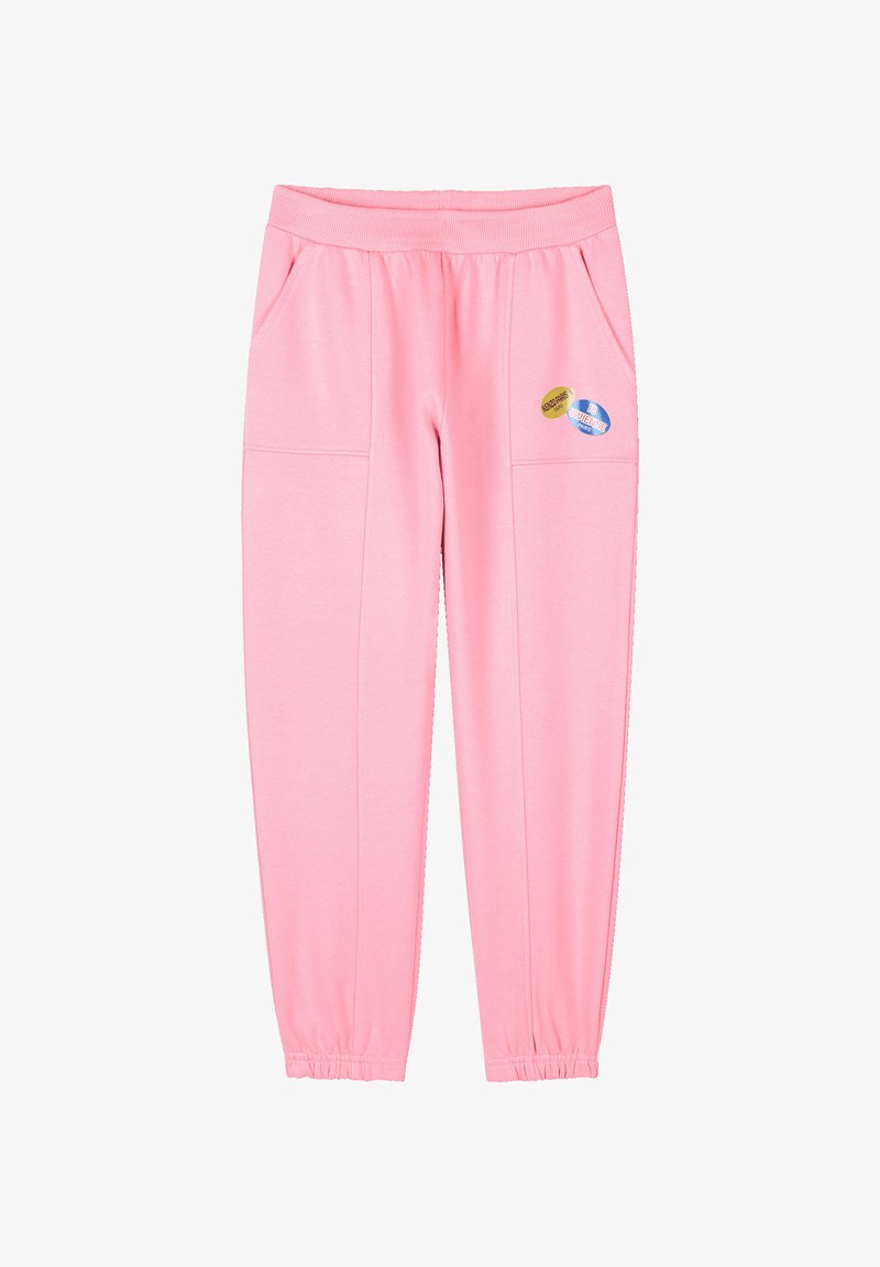 Roze sweatpants gemaakt van zacht materiaal, met twee zijzakken en elastische boorden. Bevat drie kleurrijke patches op de voorkant.