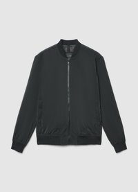 Veste bomber noire avec une fermeture éclair frontale, des poignets et un ourlet côtelés. Fabriquée en tissu lisse avec des poches latérales et un col arrondi.