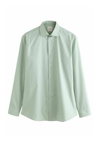 Chemise à manches longues vert clair en tissu lisse. Dotée d'un col pointu, d'une fermeture à boutons sur le devant et de poignets à un seul bouton. Sans motifs ni embellissements.