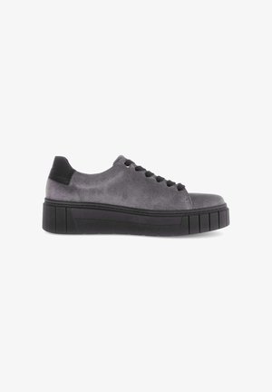 Gray suede sneakers with black accents, round toe, six eyelets, and a thick black rubber sole featuring a ridged pattern.