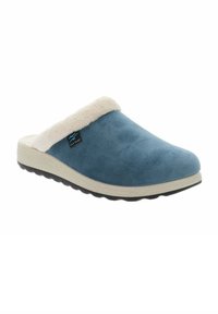 Pantofole blu in suede con un rivestimento interno in ecopelliccia bianca e suola texture. Presenta un'etichetta con logo sul lato.